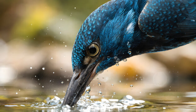 Close up of a blue kingfisher bird dipping its beak into clear water with splashes