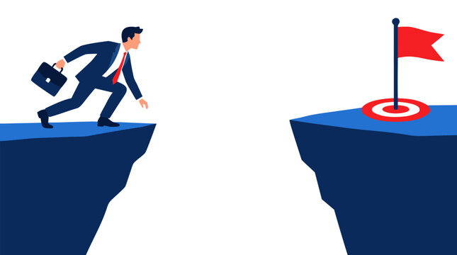 Motivated businessman crouching at the edge of a cliff preparing to leap across a chasm toward a red bullseye target and victory flag in business goal strategy vector illustration scene