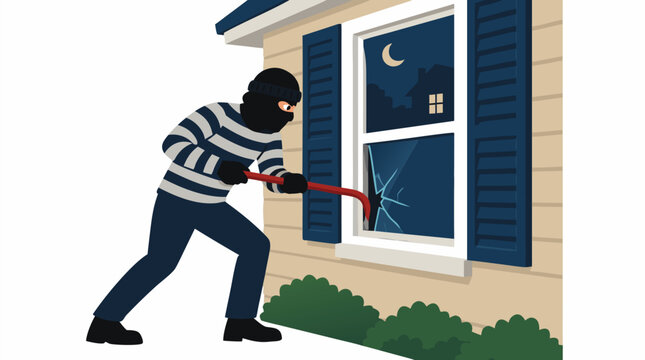 Masked burglar in striped shirt and black balaclava using a red crowbar tool to break open a suburban house glass window at night in home security and burglary crime vector illustration