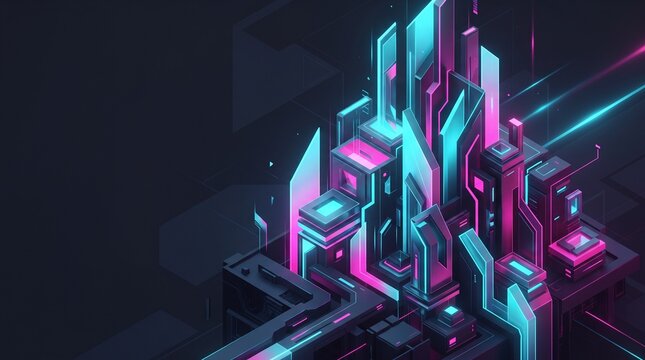 Futuristic neon geometric forms in isometric digital space