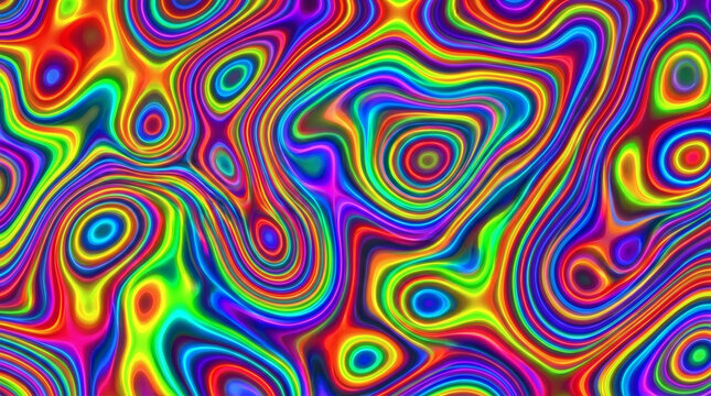 Abstract Rainbow Wavy Line Pattern Psychedelic Neon Fluid Contour Swirl Hypnotic Op Art Texture Dark Background Digital Illustration