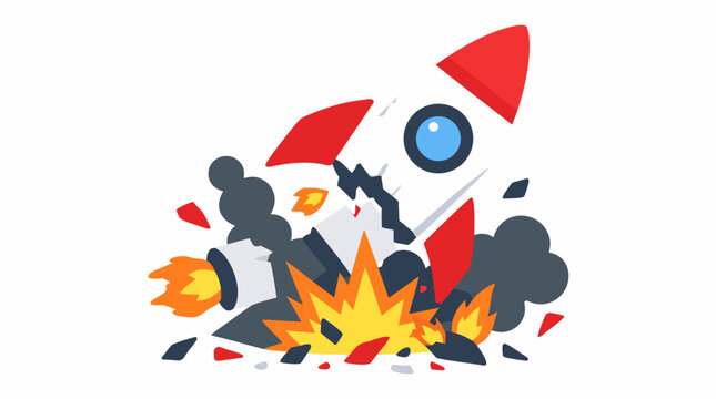 White and red space rocket crashing and exploding into debris with bright yellow flames and dark smoke clouds symbolizing business startup collapse in crisis vector illustration scene