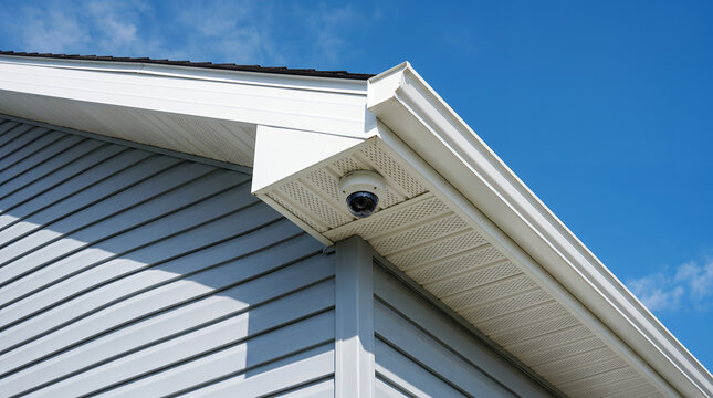 White dome security camera mounted under the soffit of a house with light gray horizontal vinyl siding and white trim against a blue sky