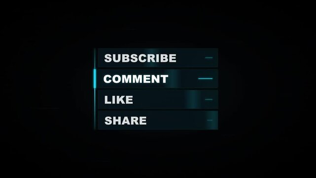 Futuristic social media engagement buttons for subscribe, comment, like, and share on a dark background.