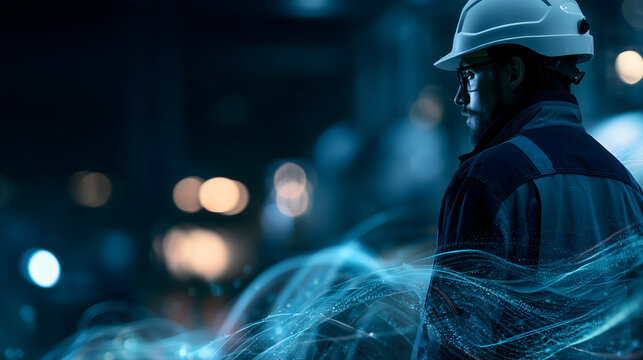 Industrial worker with digital technology concept in blue light