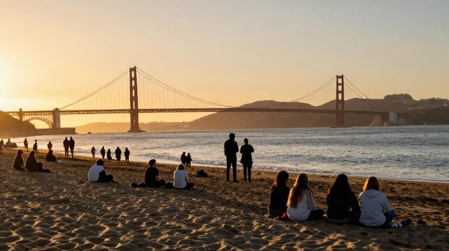 Beach Crowd Back View Golden Gate Bridge Sunset