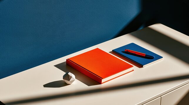 Minimalist Desk Setup With Bright Orange Notebook, Blue Notepad and Red Pen on a Cream Surface with Blue Background