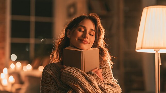 Cozy Young Woman Embracing Book with Eyes Closed in Warm Candlelight, Feeling Content and Relaxed