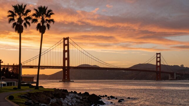 Golden Gate Bridge Palm Trees Sunset