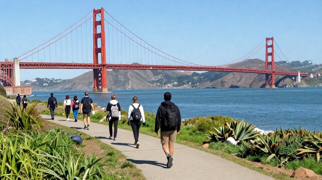 Hikers Back View Coastal Trail Golden Gate Bridge
