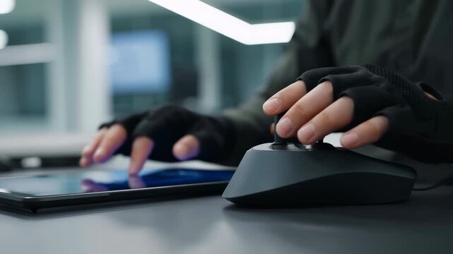 Hands in black fingerless gloves operate a compact joystick controller while tapping a tablet on a modern desk, showing precise dual-device interaction under cool indoor lighting