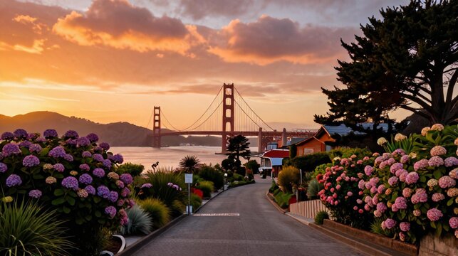 Lombard Street Sunset Golden Gate Bridge View