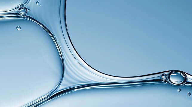 Abstract Close Up of Clear Liquid Flowing with Bubbles and Ripples on a Light Blue Background