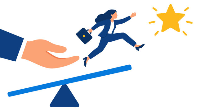 Ambitious businesswoman with briefcase catapulting off blue seesaw lever toward shining golden star with help of giant supportive hand in corporate success concept vector illustration