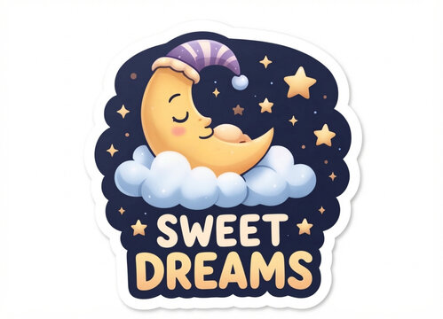 Cute sleeping crescent moon with night cap on cloud with stars and Sweet Dreams text vector sticker