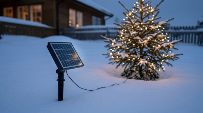 Illuminating a festive Christmas tree with renewable solar energy in a snowy evening garden