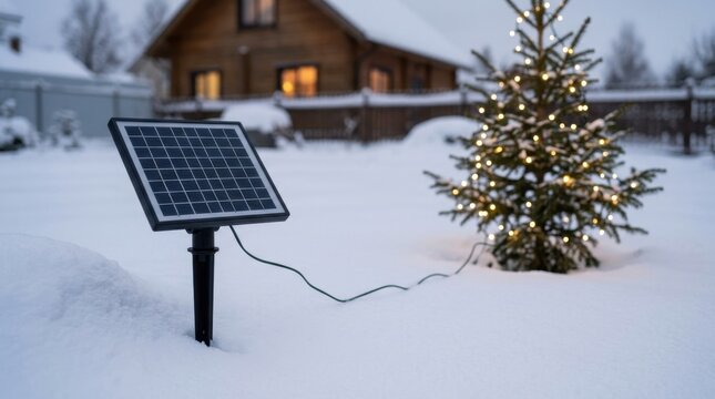 Generating green electricity for outdoor string lights on a winter tree near a cabin
