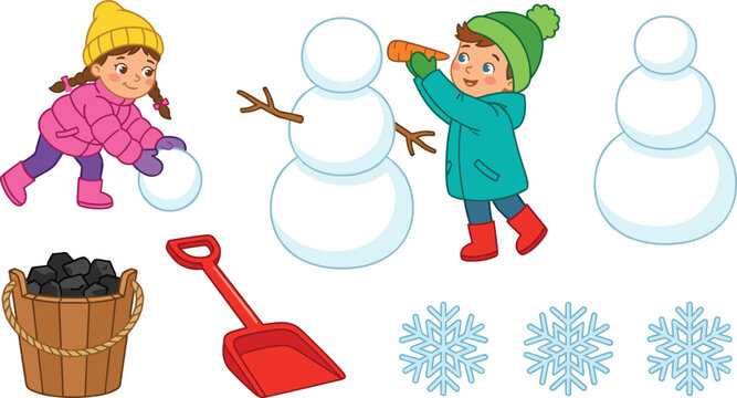 Cute Winter Snowman Building Icon Illustration Featuring Children, Snowballs, Snow Shovel, Coal Bucket, Snowflakes and Snowman