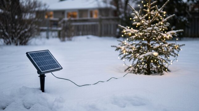 Harnessing solar power to illuminate festive decorations on a snowy backyard fir tree