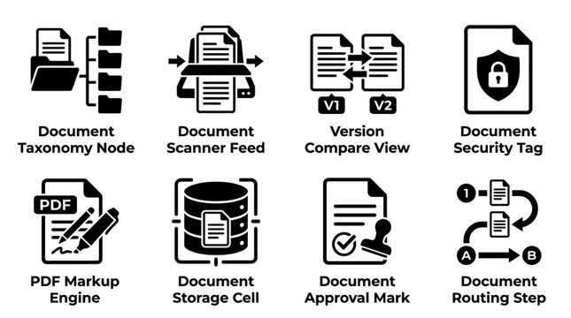 Collection of document administration and workflow icons representing taxonomy scanner security with document taxonomy security approval collection business administration management database