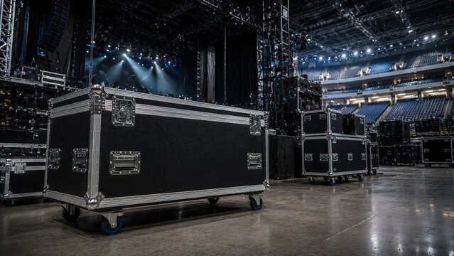 Touring equipment flight cases inside event venue prepared for concert production, stage setup, technical storage and transportation.