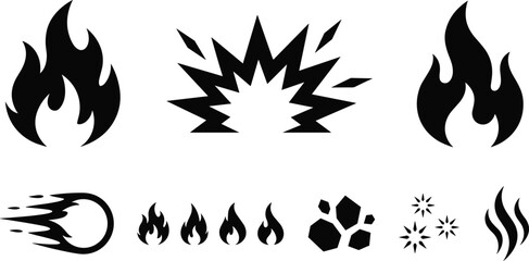 Fototapeta premium Fire and Explosion Effect Icon Set Featuring Flames, Burst, Fire Trail, Small Fire Symbols, Sparks, Smoke and Heat Effects
