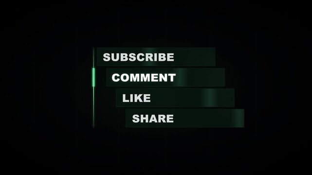 Social media engagement call to action with staggered ladder animation for subscribe, comment, like, and share.