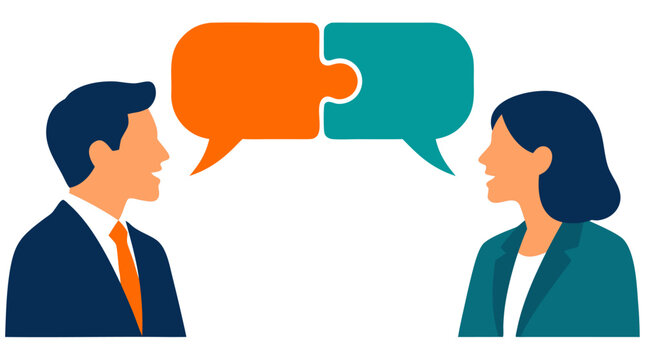 Businessman and businesswoman talking with interlocking jigsaw puzzle speech bubbles in mutual understanding and collaborative communication concept modern flat vector illustration on white