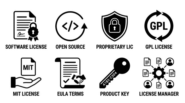 Set of eight software licensing and legal agreement icons in black and white flat style with software proprietary copyright agreement security protection development graphics interface