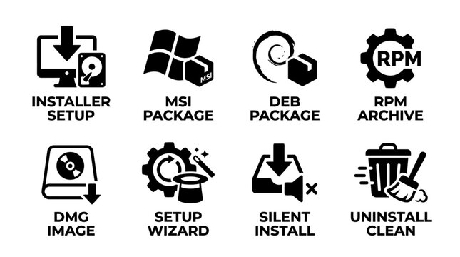 Set of eight software installation and package management icons in black and white flat style with installer uninstall software deployment computer management graphics interface technology