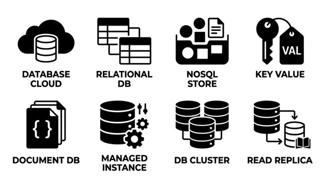 Database management and cloud storage architecture icon set with database relational document instance computing technology architecture platform software infrastructure management scalable