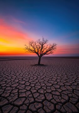 A single, isolated dry tree stands tiny against the massive, cracked earth and endless sky, emphasizing scale and isolation, minimal, composition, perspective