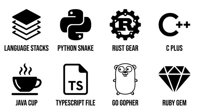 Collection of programming language icons including language stacks python snake rust gear c plus java cup typescript file go gopher ruby gem with language typescript programming software computer
