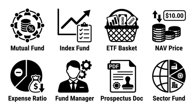 Mutual fund and investment management icons for portfolio documentation with investment prospectus document business portfolio management corporate financial analysis statistics planning
