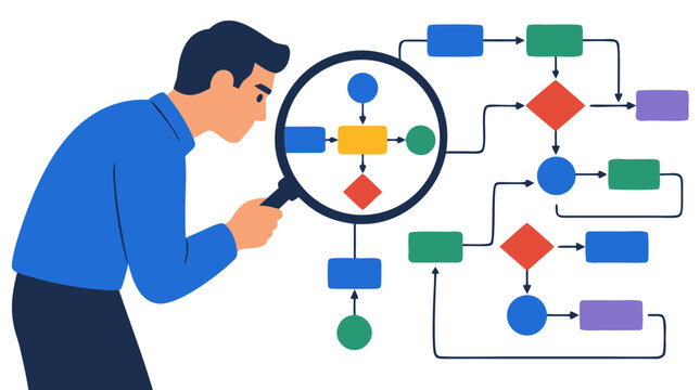 Focused male analyst in blue shirt examining colorful business workflow flowchart diagram using large magnifying glass in detailed analytics flat vector illustration on white background