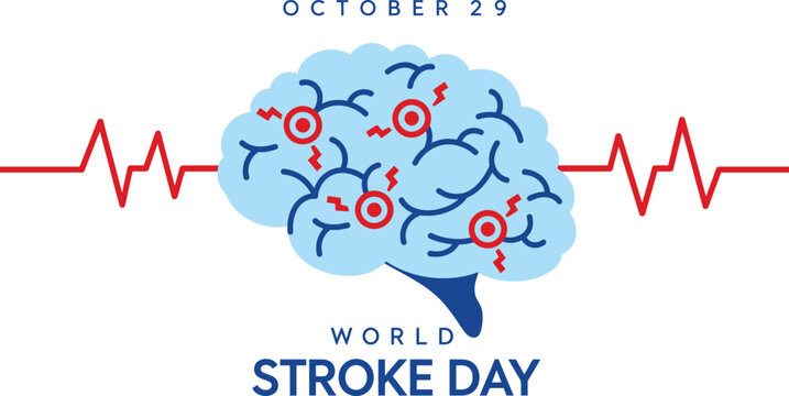 World Stroke Day Illustration with Human Brain and Heartbeat Line for Medical Awareness Campaigns on October 29th Focusing on Stroke Prevention and Neurological Health Care.