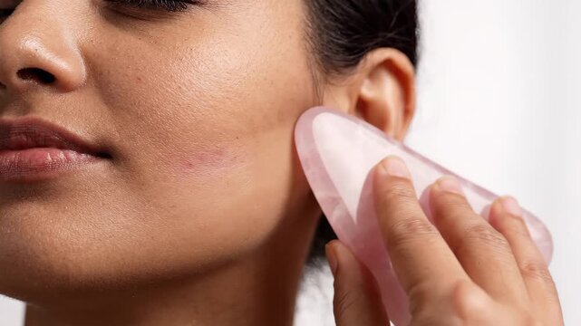 Close up of smooth rose quartz gua sha tool sliding softly upward along jawline contour for lymphatic drainage and facial sculpting treatment