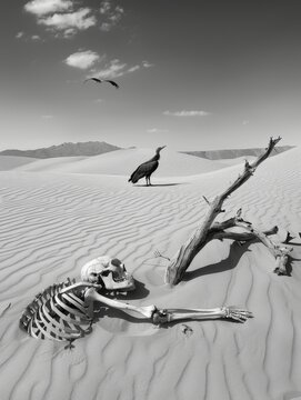 Mysterious vulture observing human skeleton in desert landscape.