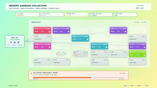 Dashboard interface displaying memory garbage collection process and metrics on a pastel gradient background.