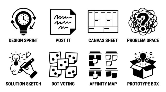 Set of eight icons for design sprint methodology and creative project workshop phases with workshop methodology creative strategy business innovation prototyping ideation management workflow