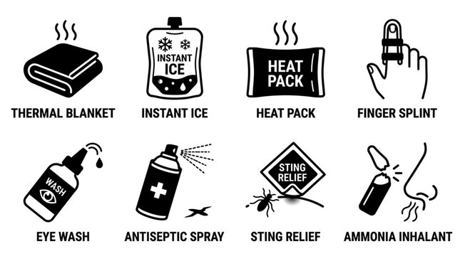 Set of eight medical and survival equipment icons featuring thermal blanket instant ice heat pack finger splint eye wash antiseptic spray sting relief and ammonia inhalant first aid health care
