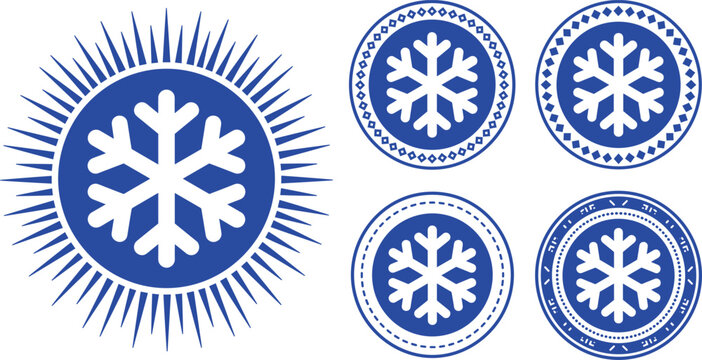 Winter Snowflake Stamp and Round Badge Set with Decorative Geometric Borders for Frosty Christmas Label Designs