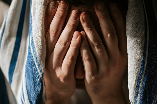 Worshipper covering face during Yom Kippur prayer in a synagogue setting