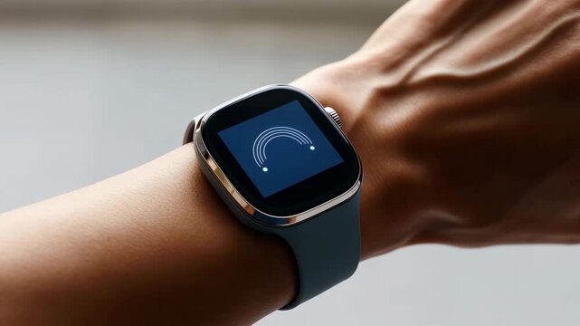 Smartwatch worn on wrist remains centered in close-up, showing concentric white arc graphics on dark blue display, metallic rounded case, blue strap, and softly blurred indoor background