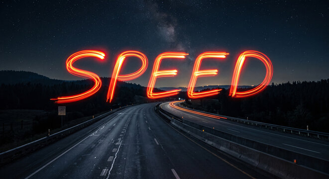 Long exposure light trails forming the word SPEED on a dark night highway under a starry sky