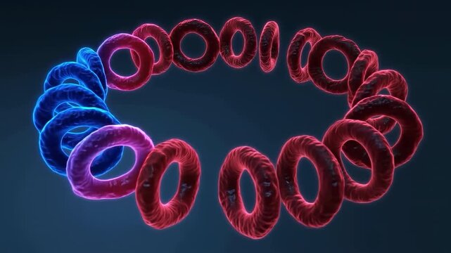 Glowing torus rings form a circular loop as vivid color transition spreads from electric blue through magenta to red across layered shapes on a dark navy background