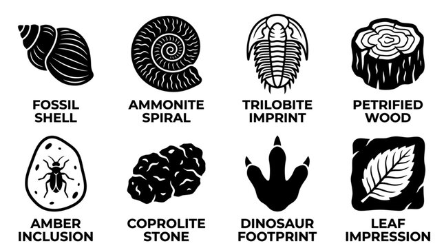 Set of paleontology and geology fossil icons including ammonite spiral trilobite imprint and amber inclusion with paleontology ammonite trilobite coprolite dinosaur footprint prehistoric
