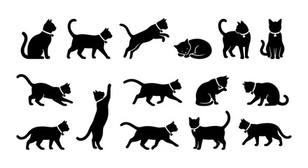 Fototapeta premium Black Cat Silhouettes Vector Pack: Playful Poses, Elegant Forms, Domestic Feline Collection