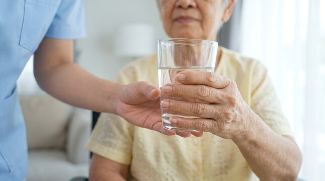Older person receiving drinking water during international day. Senior ageing retirement celebration, elderly mature support care, family awareness respect