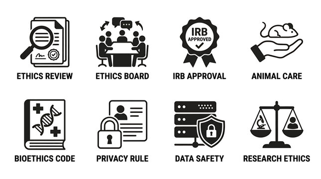Medical research ethics and compliance icon set for regulatory board and data safety protocols with research compliance regulatory biomedical bioethics protocol approval standards institutiona